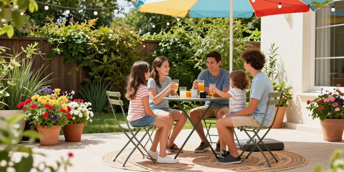 Cozy family gathering around small patio furniture sets in a vibrant outdoor setting.