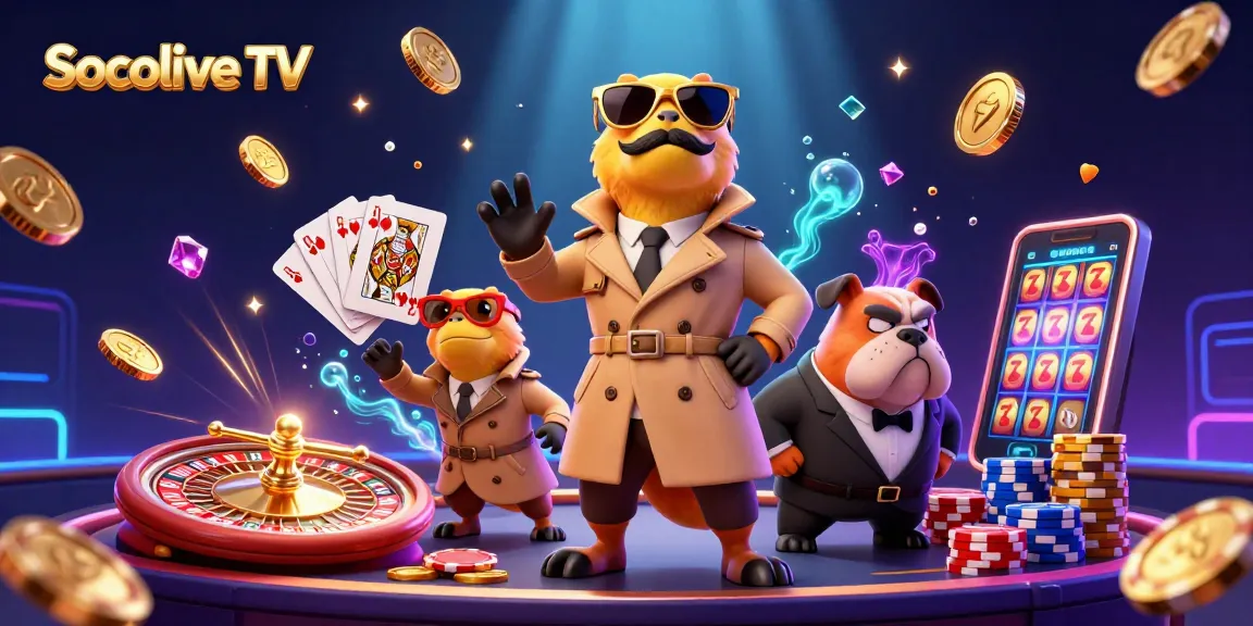 Socolive TV presents animated raptors sneaking into a VIP casino, surrounded by coins and gaming elements.