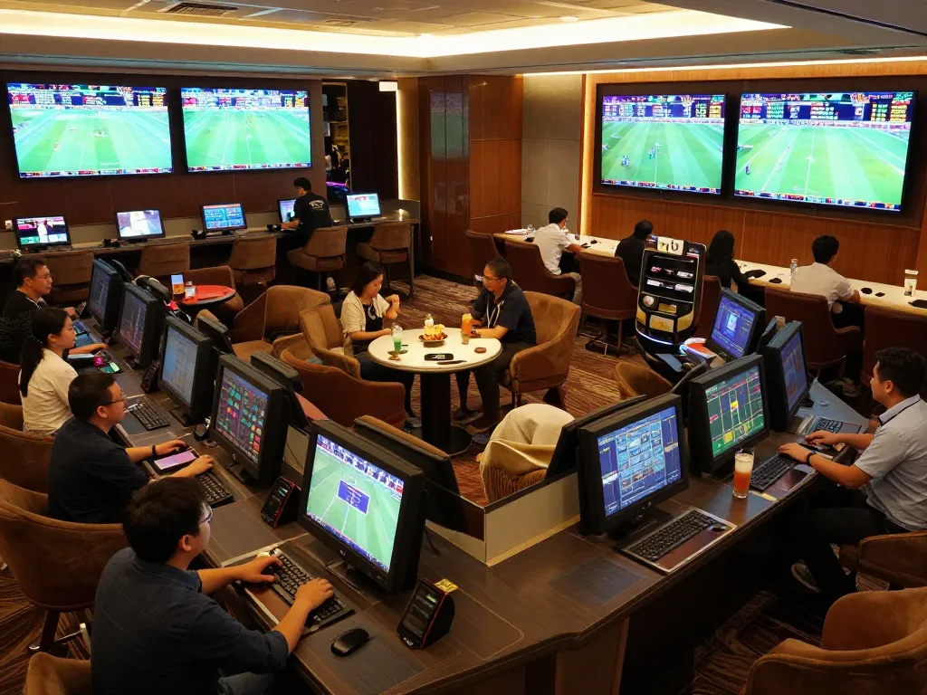 Pemain taruhan olahraga Toto Macau terlibat dalam suasana taruhan langsung yang menarik di sebuah lounge modern.