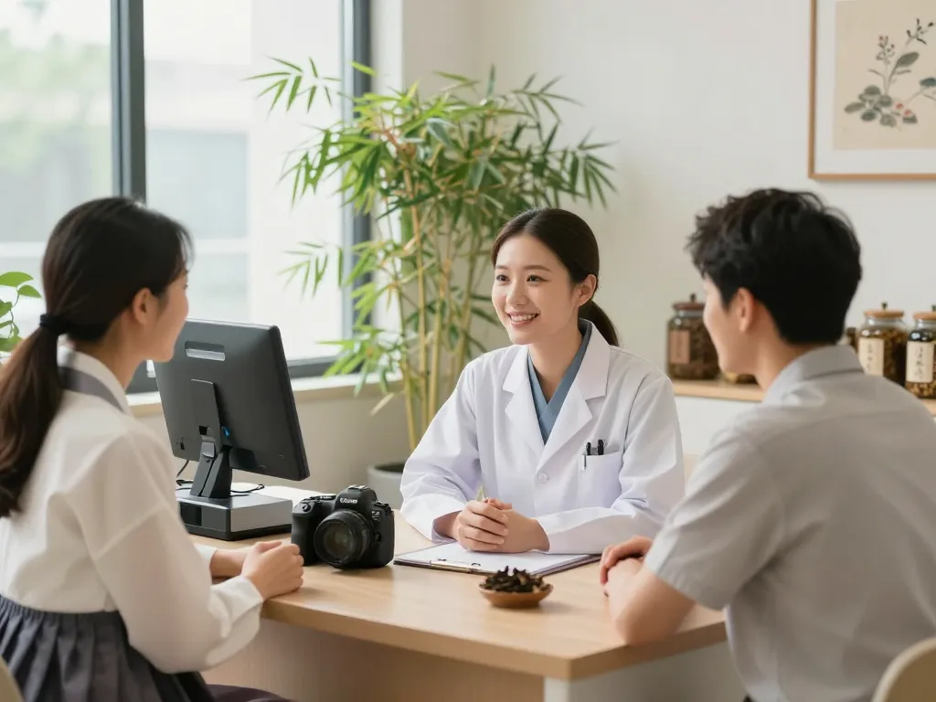 Welcoming atmosphere at 수원한의원 featuring a practitioner offering personalized consultation in a soothing clinic.