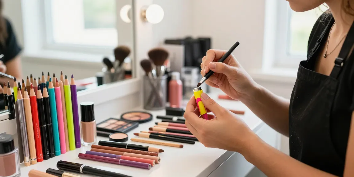 Applying natural makeup with a cosmetic pencil sharpener on a stylish vanity.