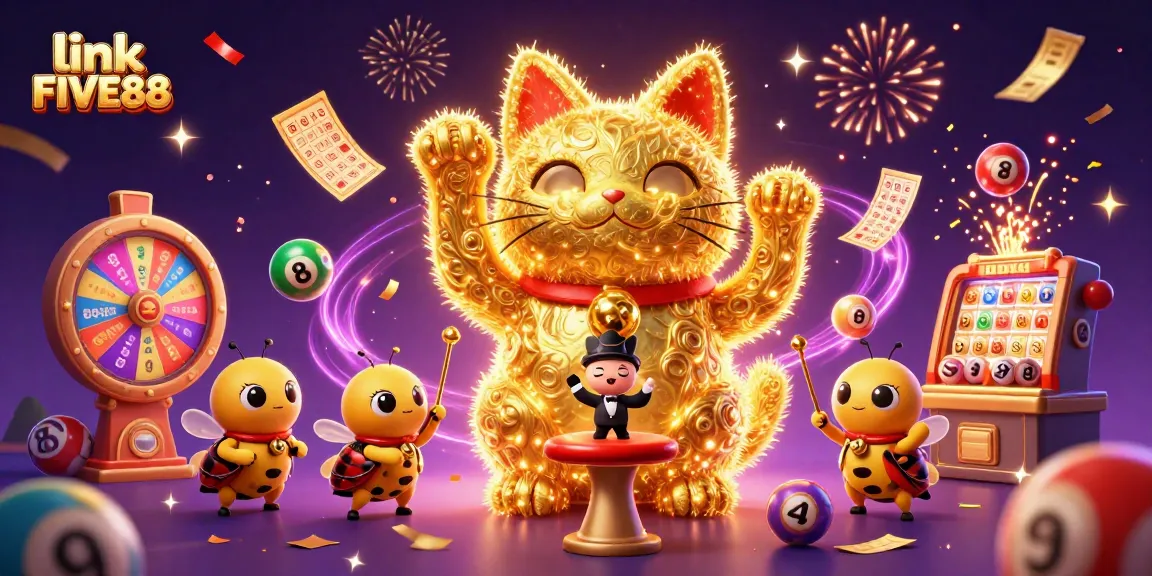 Experience the excitement with link FIVE88 as colorful lottery balls dance around a lucky cat in a vibrant casino scene.