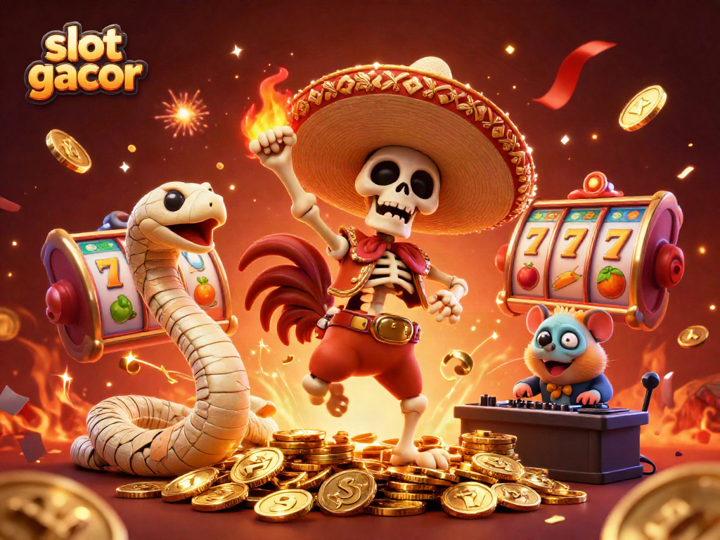 Experience excitement with slot gacor featuring a dancing skeleton rooster on a vibrant backdrop.