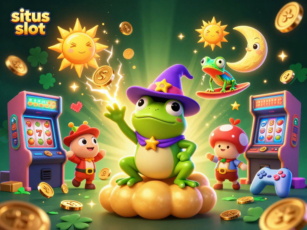 Splash into action with situs slot as a wizard frog conjures coins, chameleon surfs a cloud, and vibrant game elements surround!