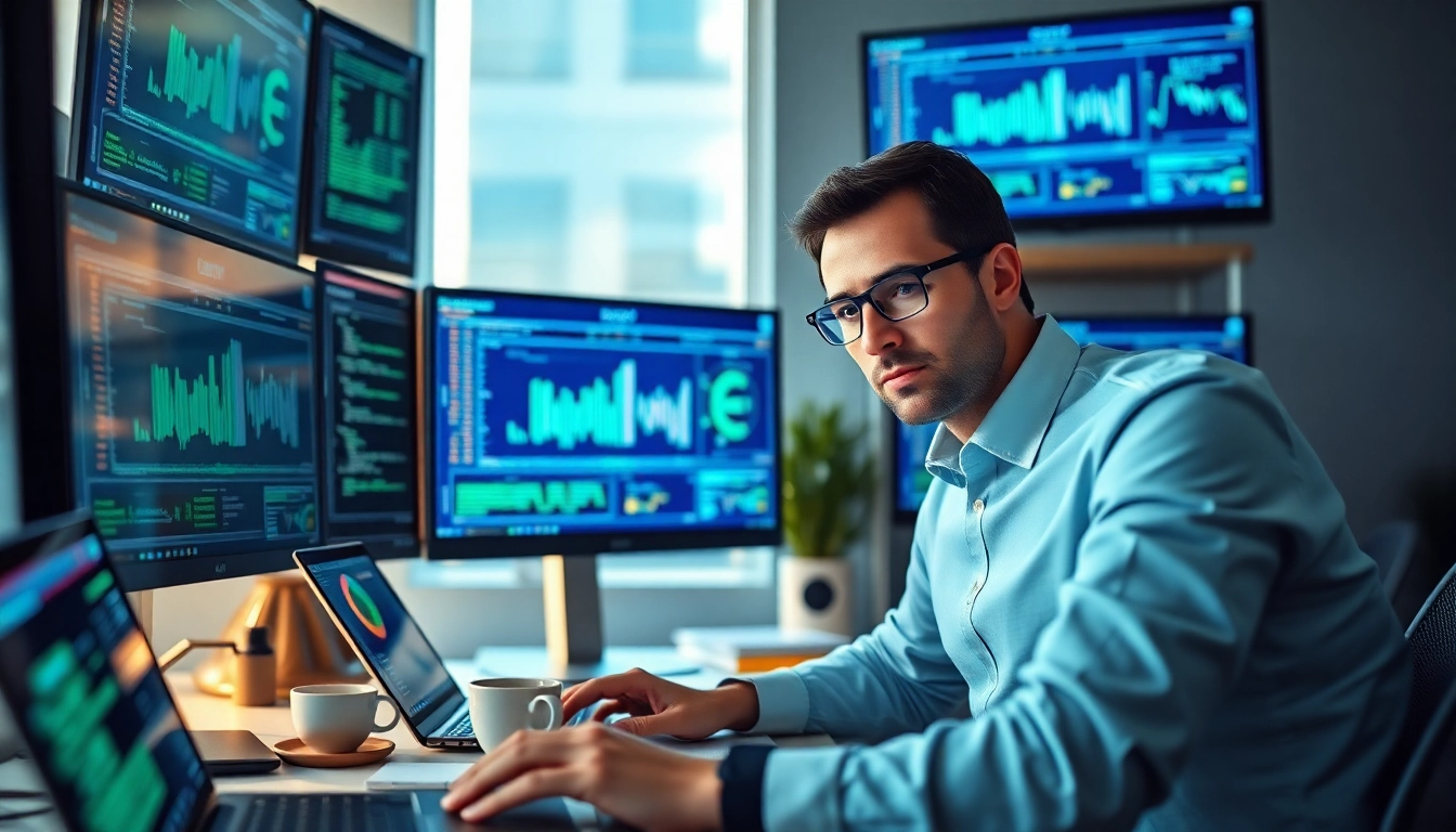 Developing EORMC's blockchain solutions in a modern workspace with advanced technology.