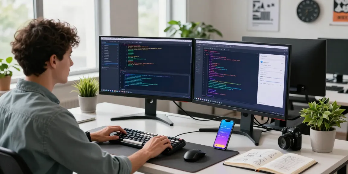 Kobold AI developer coding at modern workspace with dual monitors and notebook.