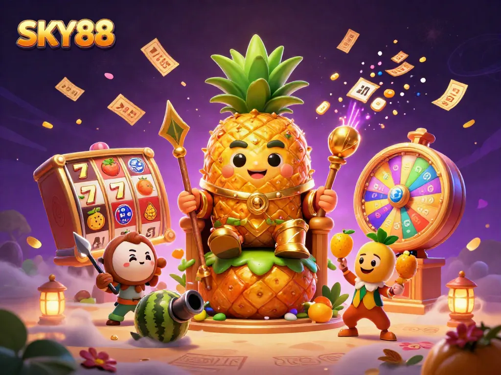 Experience SKY88's vibrant and dynamic casino scene with characters celebrating wins and excitement.