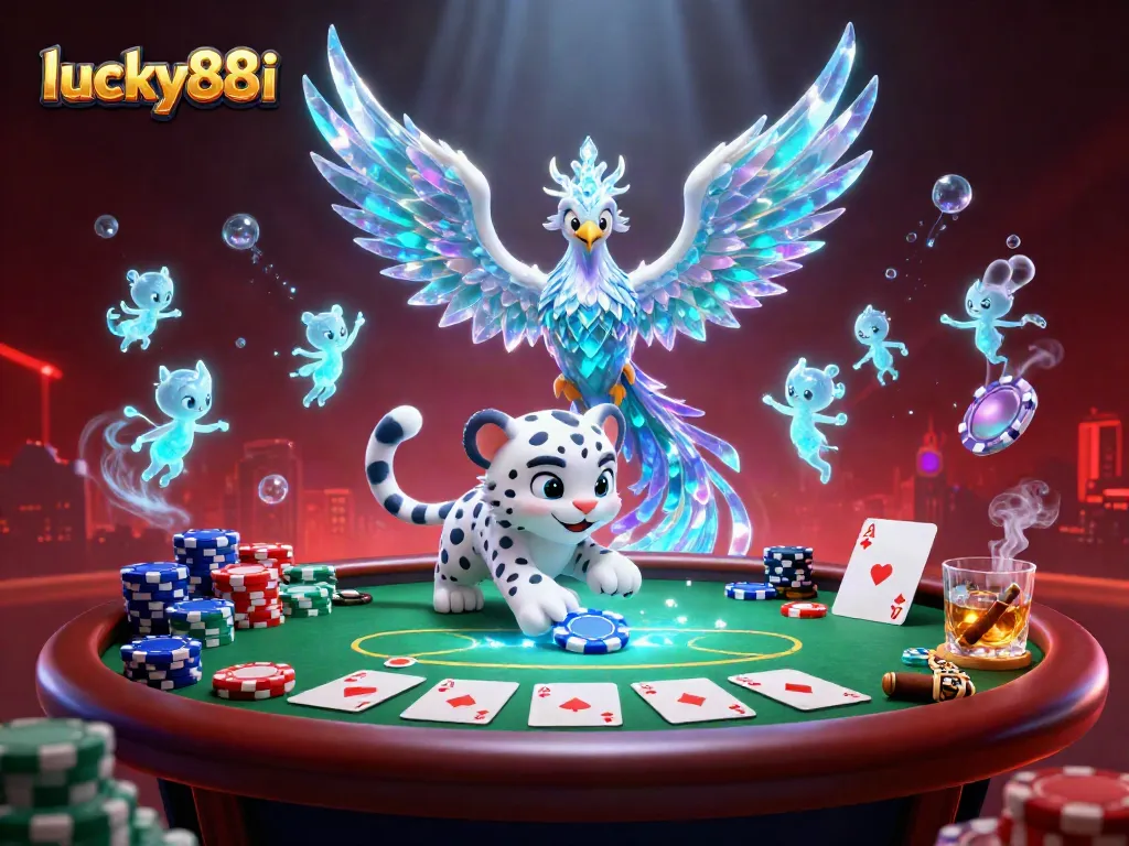 Engage with lucky88i's vibrant scene featuring an ice phoenix, poker chip, and enchanting sprites.