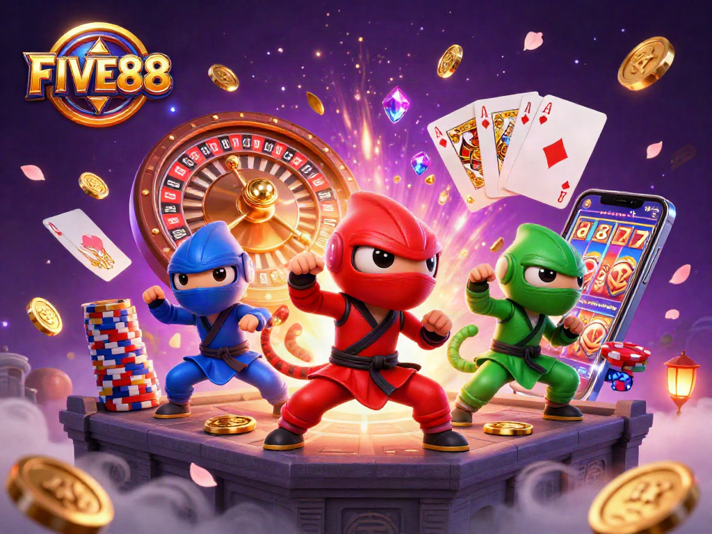 Engage in vibrant casino action with FIVE88's 3D ninja chameleons amidst swirling coins and cards.