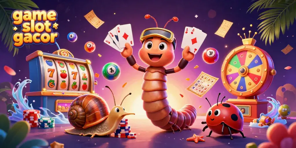 Delight in the game slot gacor scene with a cartoon millipede dealer, a high-roller snail, and a pill bug amidst colorful casino elements.