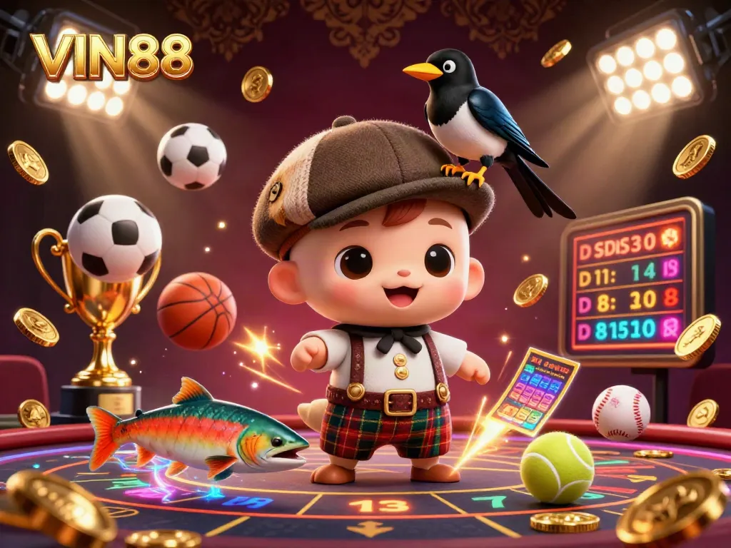 Experience the thrilling games at VIN88 with a playful casino scene featuring Nessie and vibrant casino elements.