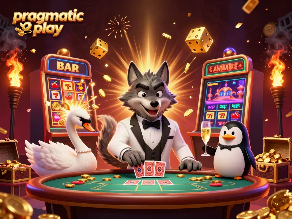 Gambarkan pengalaman bermain pragmatic play dengan serigala, angsa, dan penguin sambil bermain di kasino.
