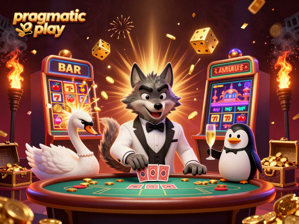 Gambarkan pengalaman bermain pragmatic play dengan serigala, angsa, dan penguin sambil bermain di kasino.