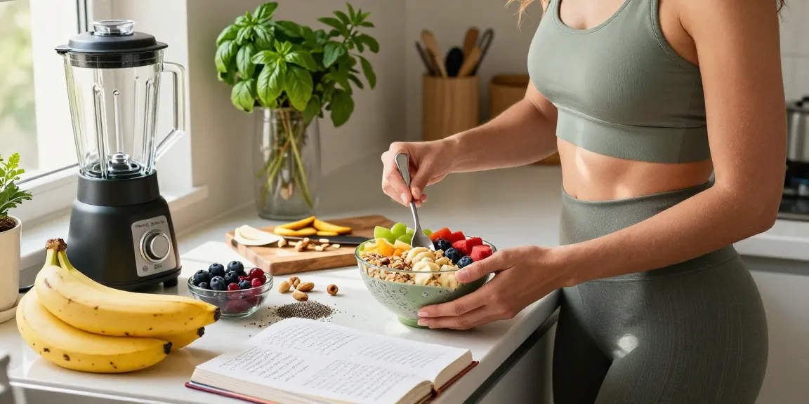 Preparing a colorful smoothie bowl highlighting the best nutrition tracking app in a bright kitchen.