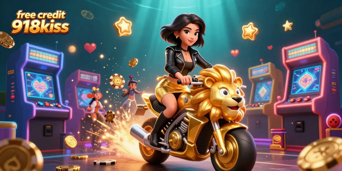 Experience free credit 918kiss with a glamorous woman riding a golden lion mascot amidst vibrant casino elements.