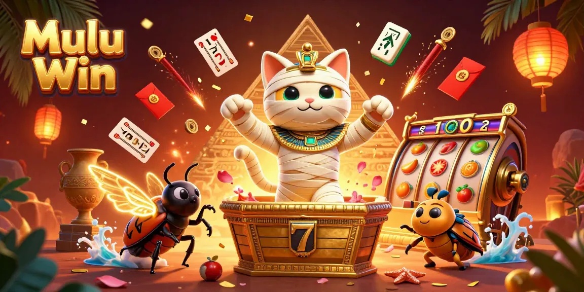 Experience the excitement of Mulu Win with a dynamic scene of a mummy cat and scarab beetle in a vibrant casino setting.