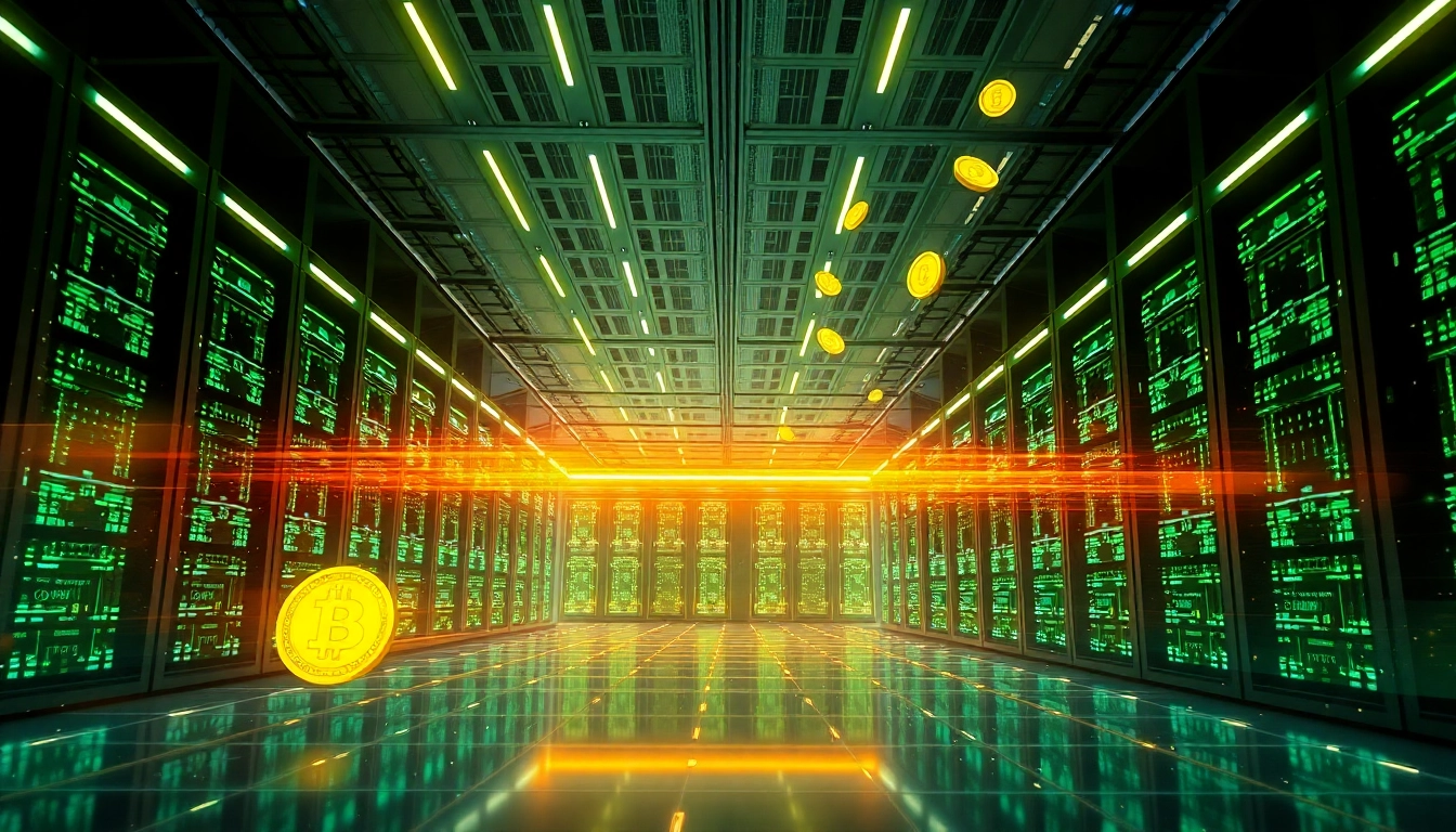 Futuristic dogecoin cloud mining visual with vibrant colors and modern tech interfaces.