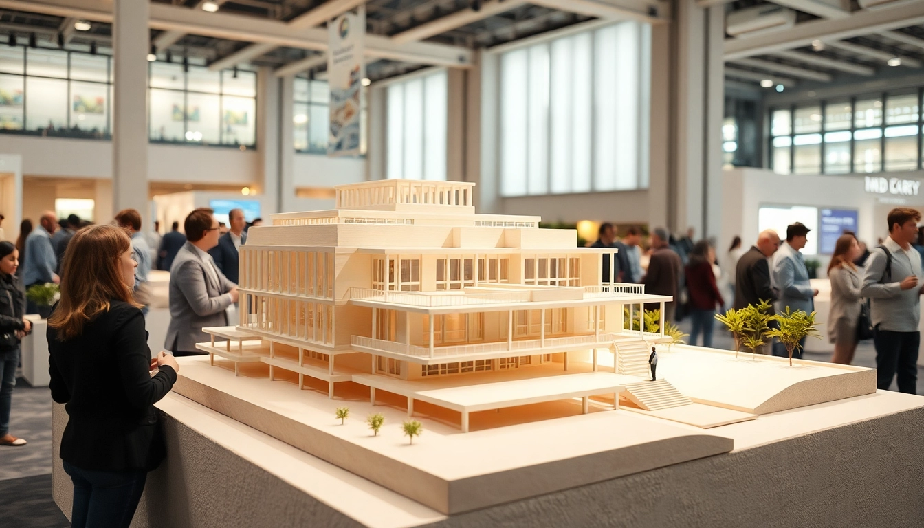 Ausstellungsmodell in einer lebhaften Ausstellungshalle, umgeben von Besuchern.