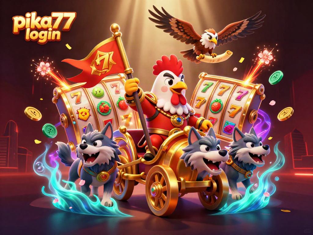 Experience thrilling slots action with the vibrant illustration of the pika77 login featuring a roaring rooster warlord.