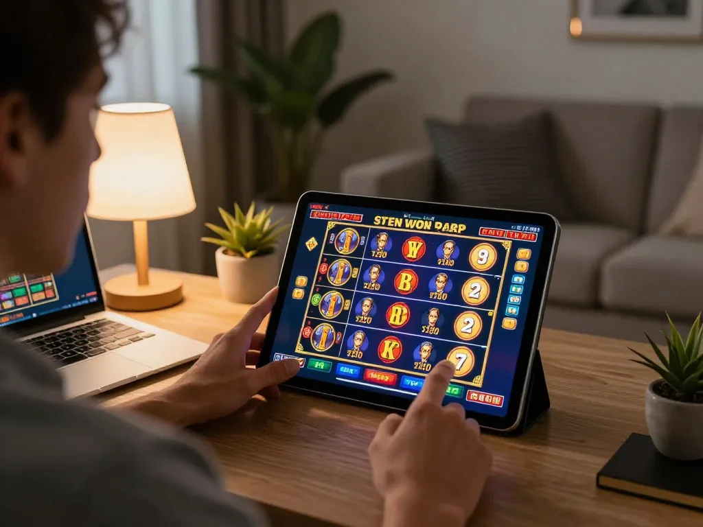 Orang yang bermain di tablet untuk slot online di rumah sambil menjelajahi website resmi untuk strategi permainan yang lebih baik.