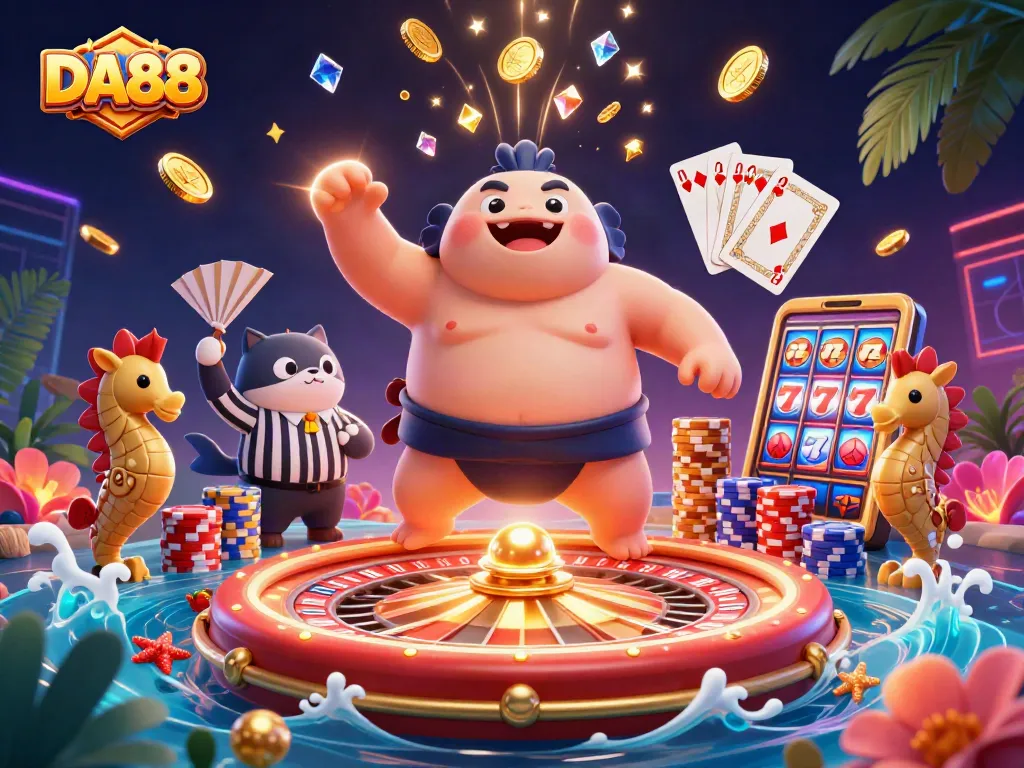 DA88 showcases exciting gameplay with a colorful fugu character and casino elements in a vibrant underwater scene.