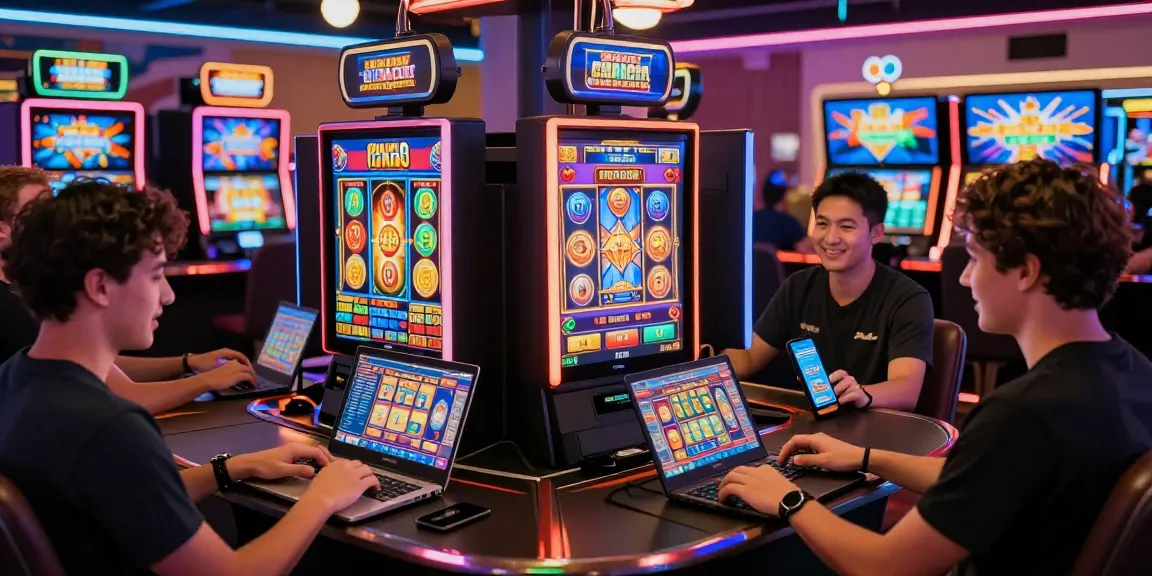 Excited players enjoying slot gacor games on various devices in vibrant online casino setting.