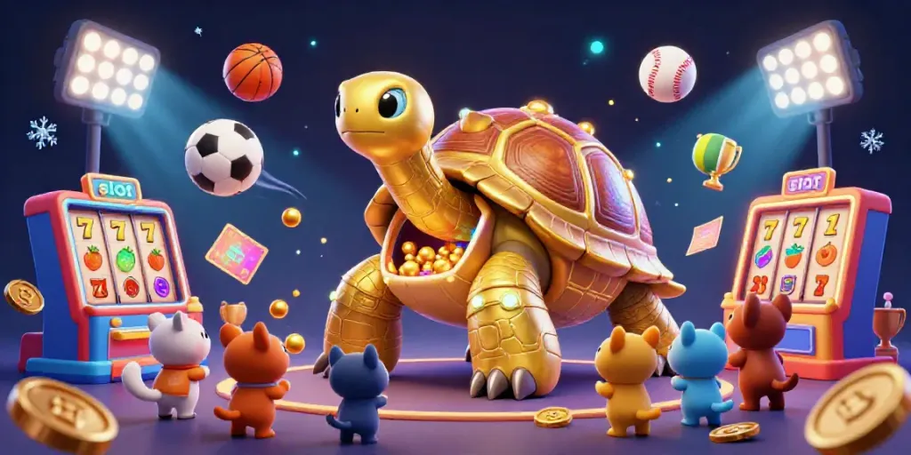 Engaging golden tortoise slot machine illustration featuring vibrant slot elements and cheering animals