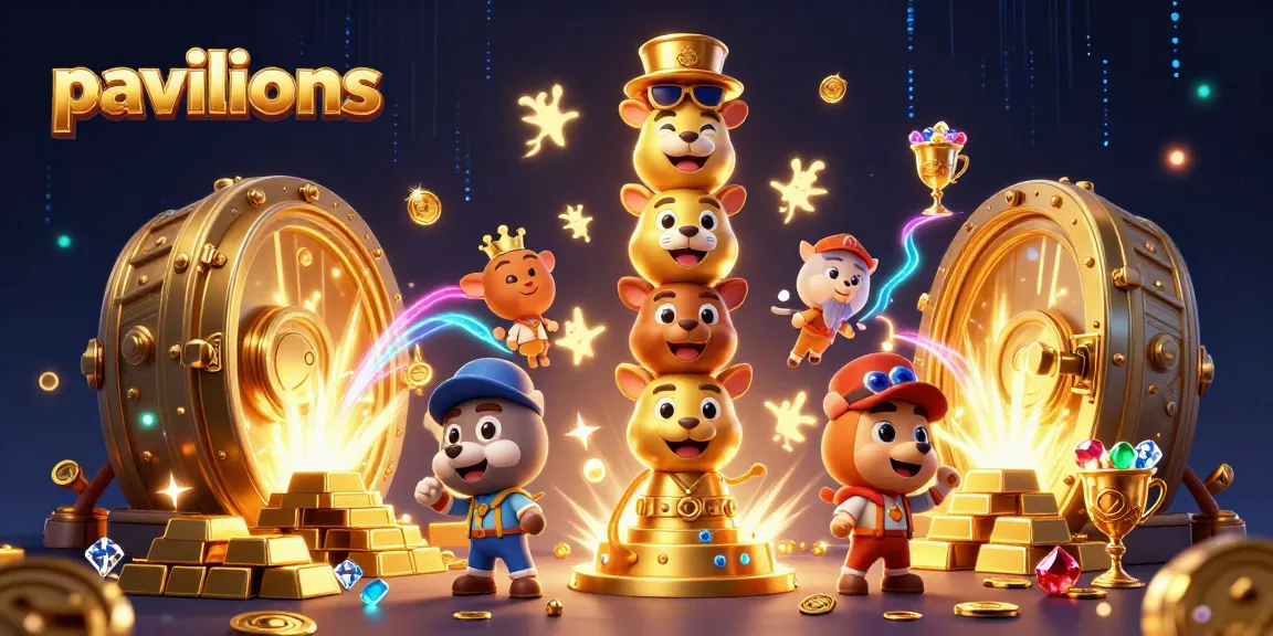 Pavilions features a dynamic 3D casino totem pole with vibrant riches, showcasing gold and gemstones.