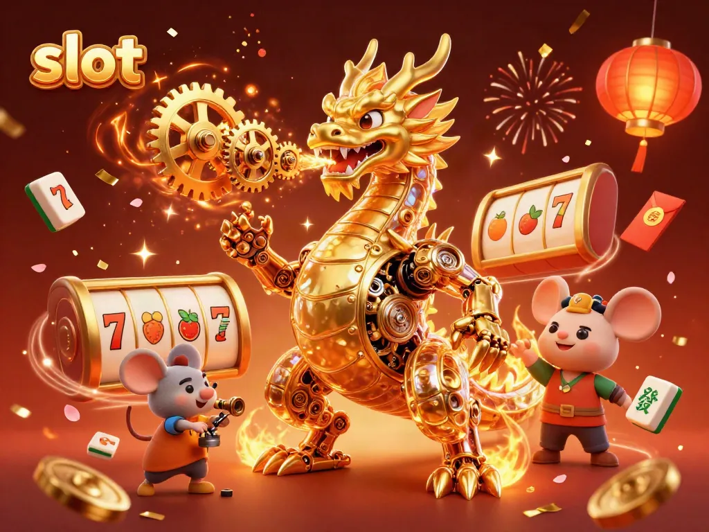 Permainan slot mendebarkan dalam ilustrasi 3D dengan naga mekanik dan elemen kasino