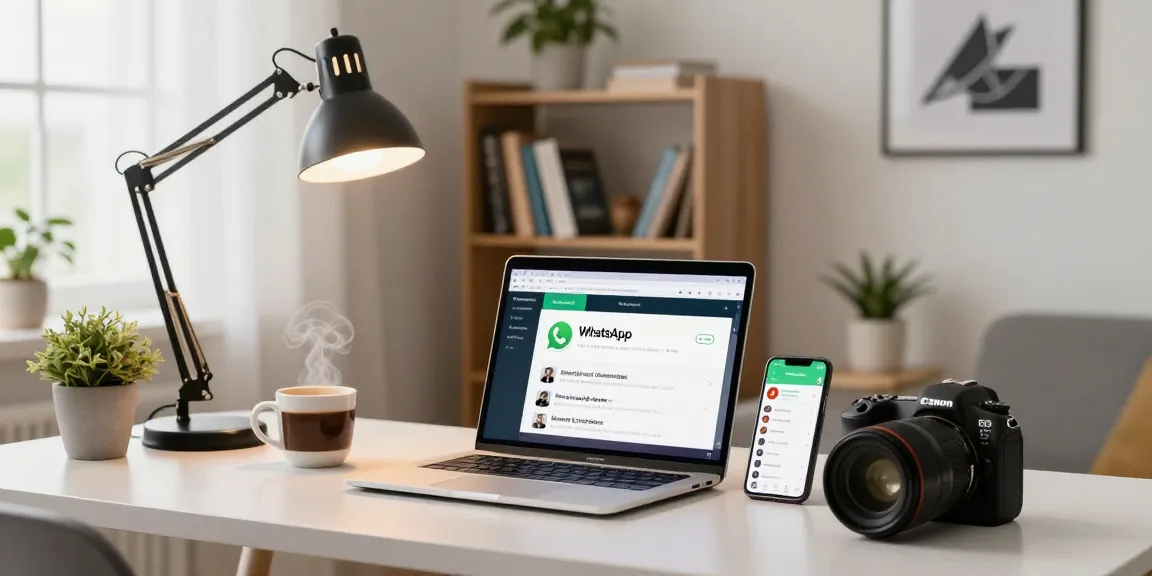 Using WhatsApp電腦版 on a modern desk setup with a laptop and smartphone, creating a professional home office ambiance.