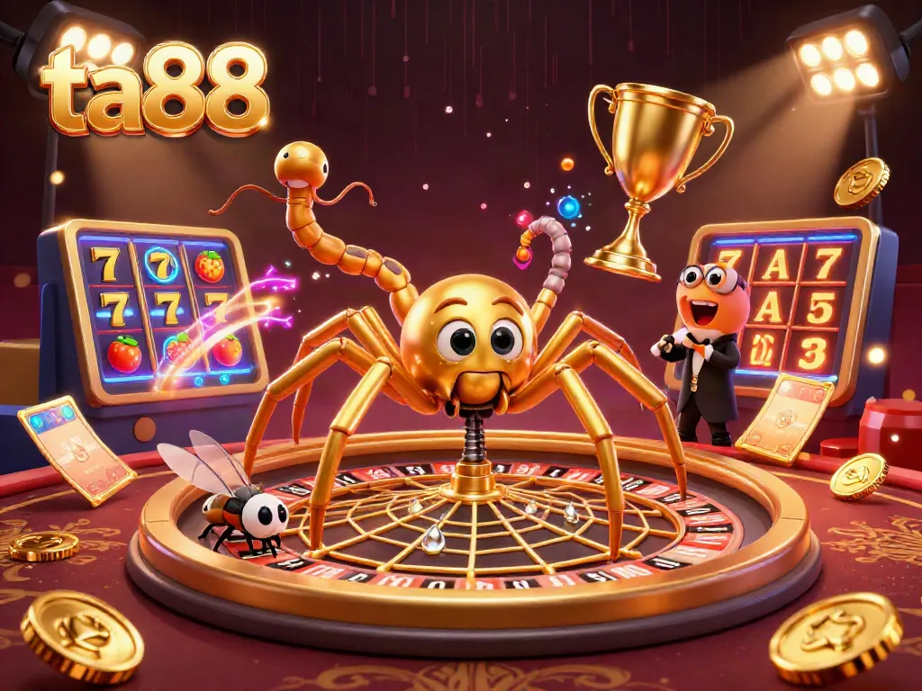 Engage with ta88's vibrant casino world as a golden spider spins winning bets on a roulette wheel.
