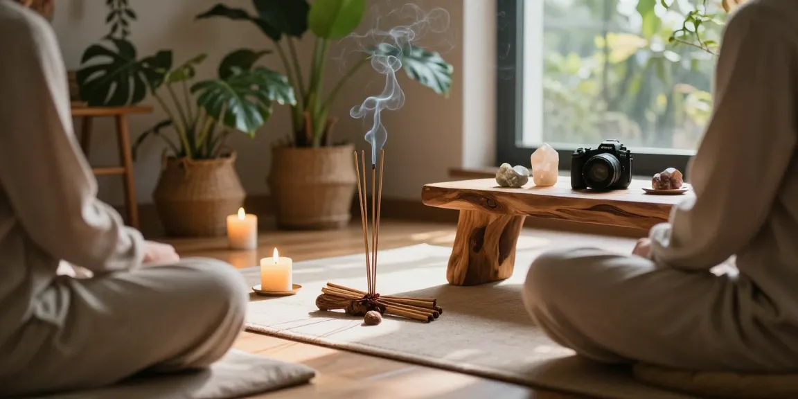 Explore the best-organic-incense-sticks in a serene meditation space with candles and plants.
