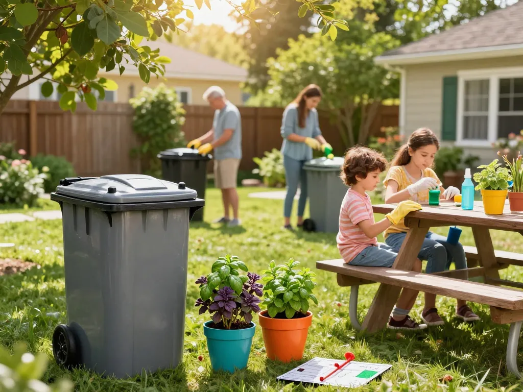 Active family practicing pest prevention techniques in a sunny backyard, securing trash and planting herbs.