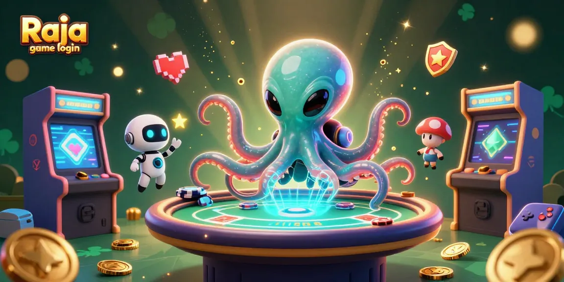 Engage in thrilling games with Raja game login, featuring an alien octopus and vibrant casino elements.