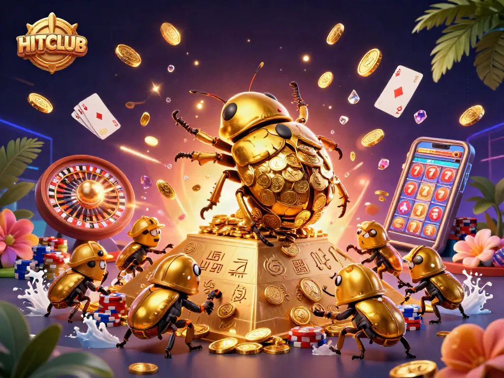 Engage with HITCLUB's exciting 3D casino adventure featuring golden beetles rolling a coin pyramid!