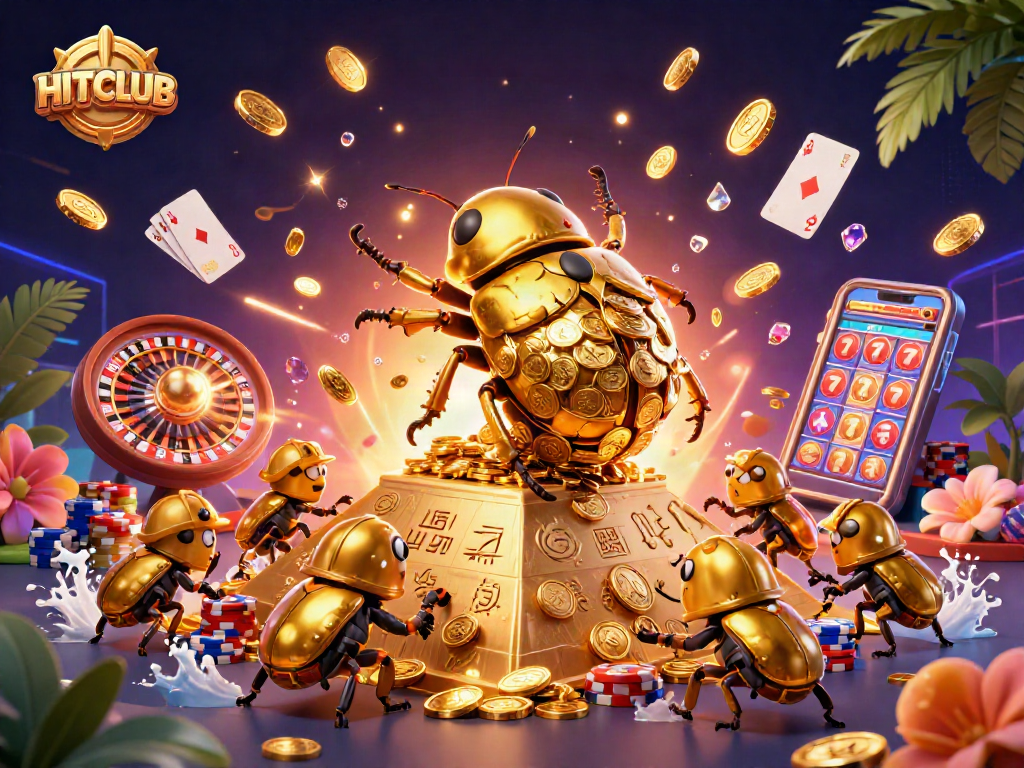Engage with HITCLUB's exciting 3D casino adventure featuring golden beetles rolling a coin pyramid!