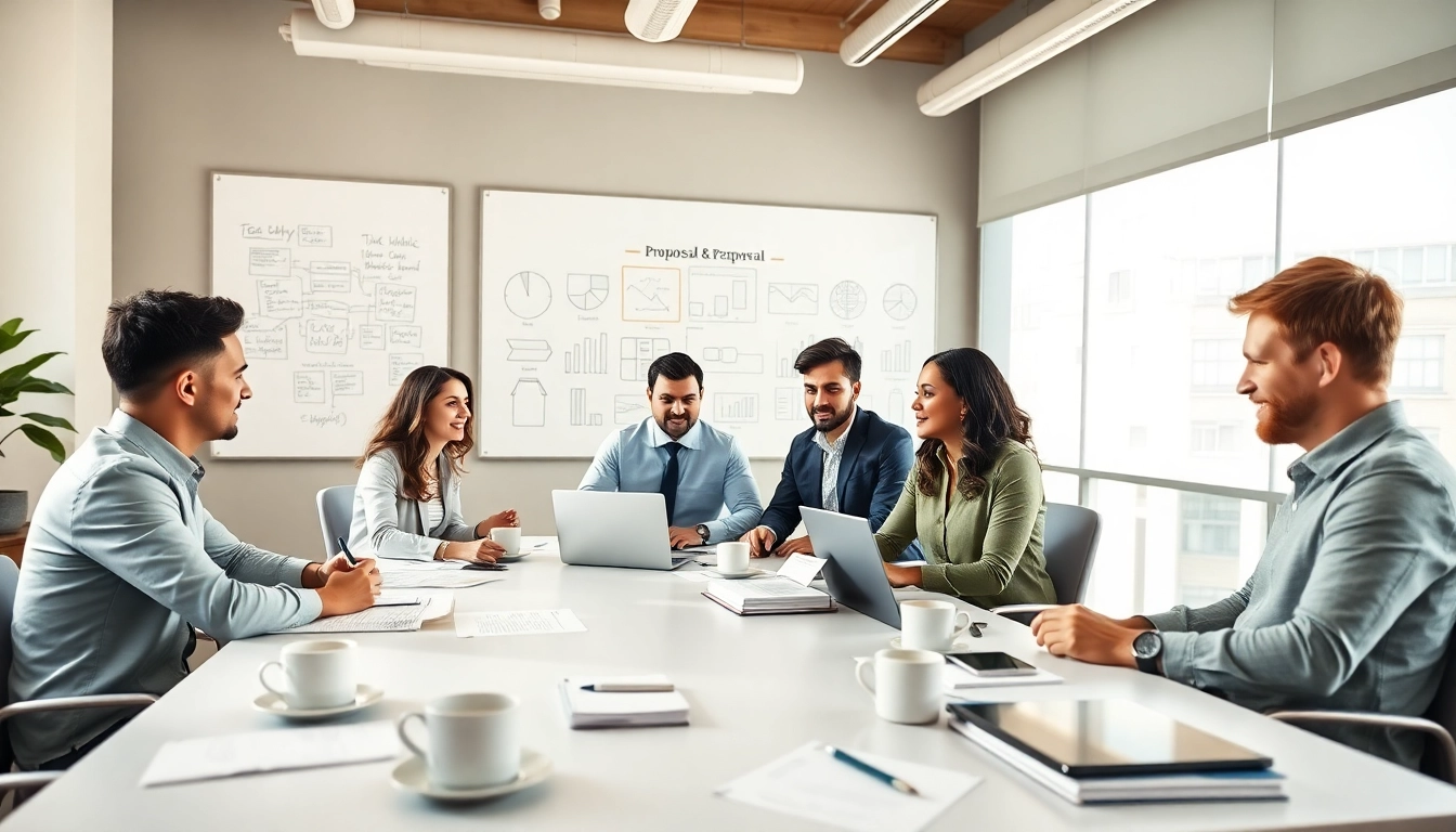 Team collaborating on Proposal Writing and Management in a modern office environment.