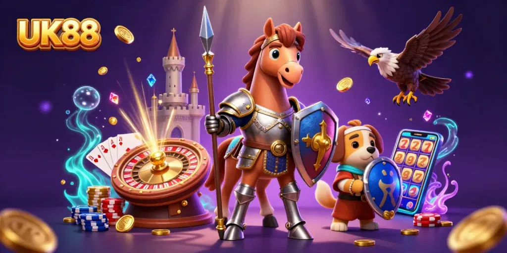 UK88 engages players with a dynamic 3D medieval scene filled with casino excitement.
