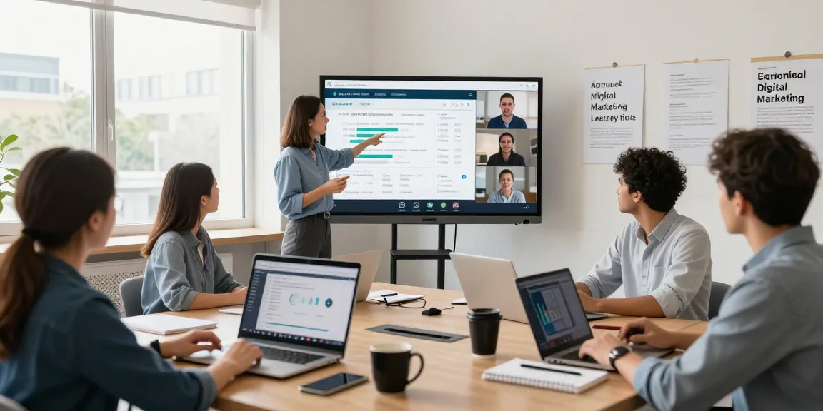 Engaged students learning AI-powered digital marketing in a virtual classroom