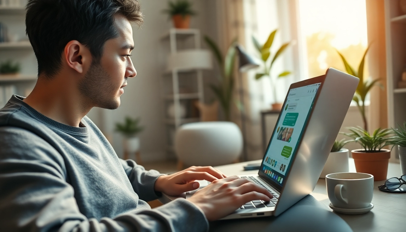 在笔记本电脑上使用 WhatsApp Web 的人,展示 快连VPN 通信。