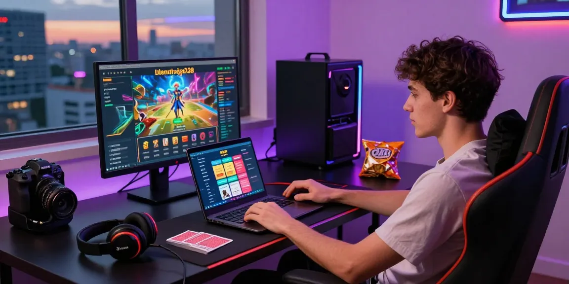 Exploring various options for link alternatif raja328 on a modern laptop in a vibrant gaming setup.