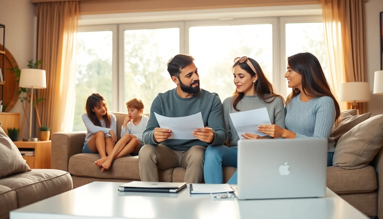 Explore life insurance benefits through a family discussing financial security in a cozy setting.
