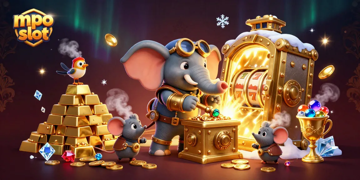 Win big with mpo slot as a steampunk elephant engineer operates a golden slot machine in a treasure-filled scene.
