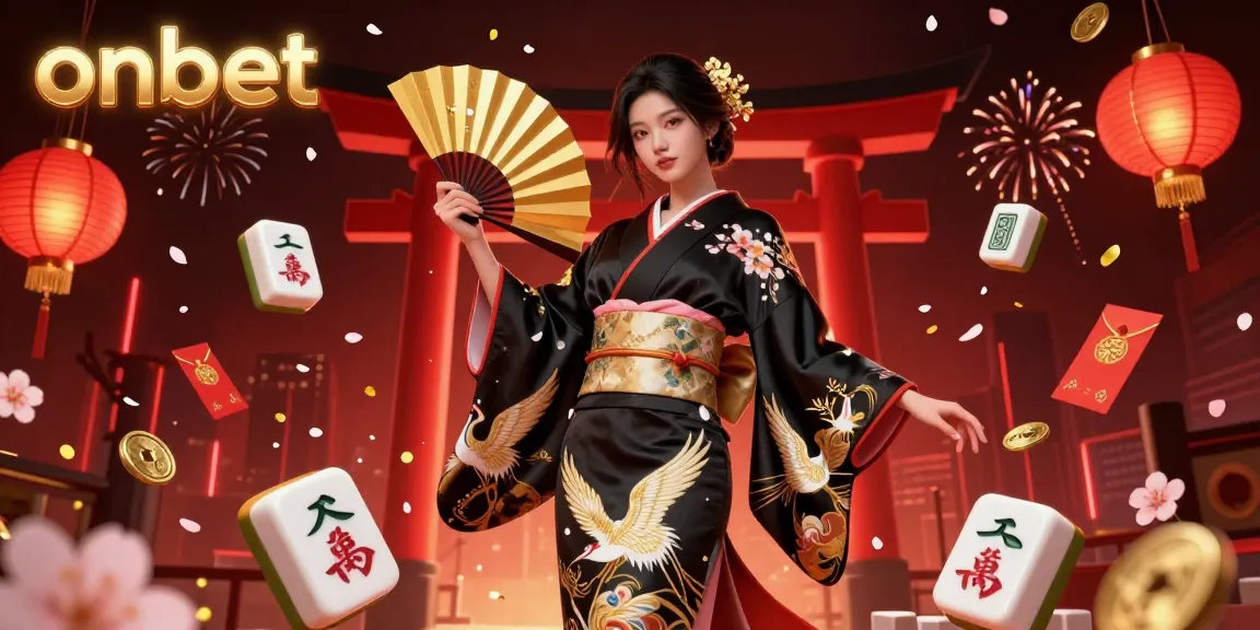 Bet and win at onbet with a vibrant casino scene featuring a stylish Asian woman in a kimono and mahjong tiles.