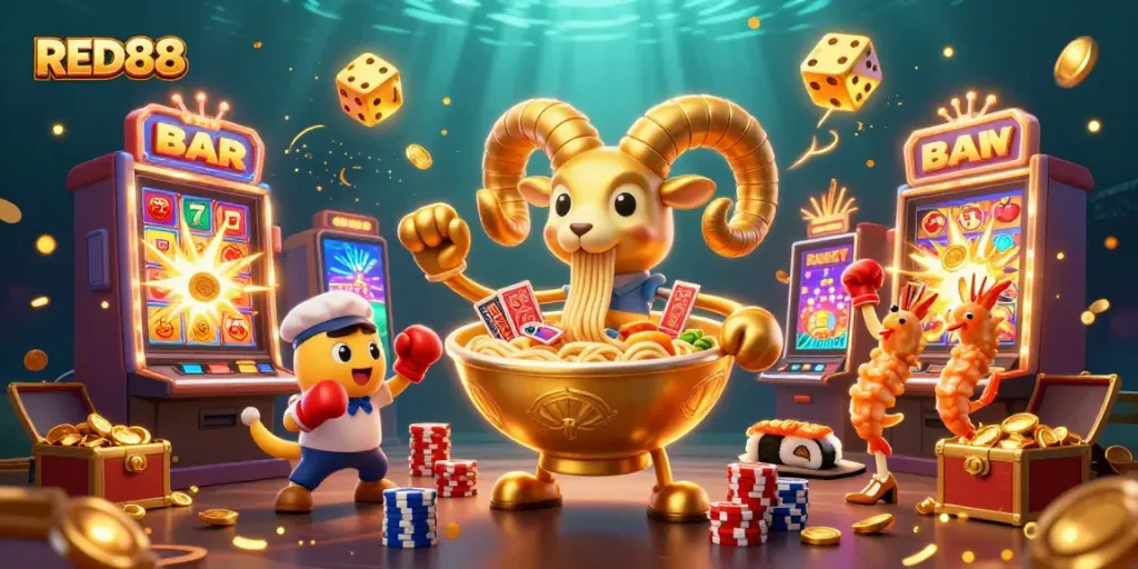 Experience high-energy gameplay at RED88 with a vibrant scene featuring unique cartoon characters and dynamic casino elements.