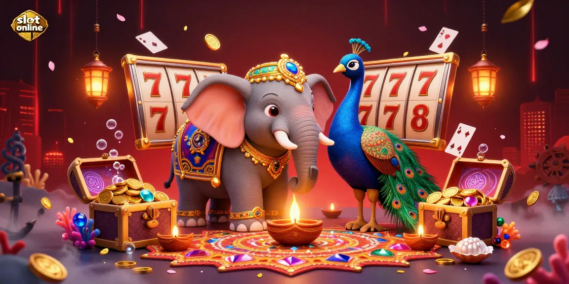 Engage with thrilling slot online adventures featuring a vibrant scene of a Diwali-themed elephant, colorful gems, and shining rewards.