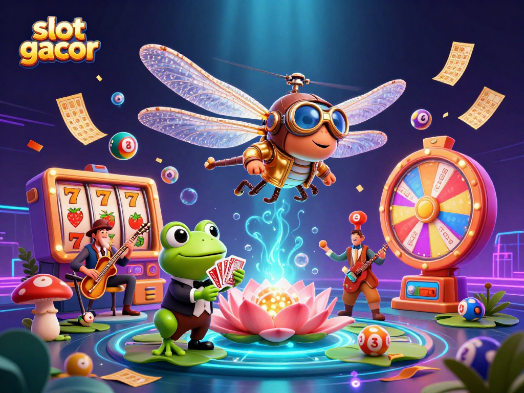 Experience the thrill of slot gacor with a dynamic scene of a dragonfly pilot and a frog croupier in a casino atmosphere.