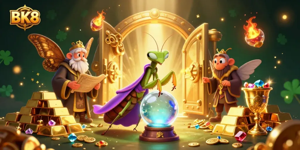 Experience thrilling BK8 casino action with enchanting characters and golden treasures in this vibrant illustration.