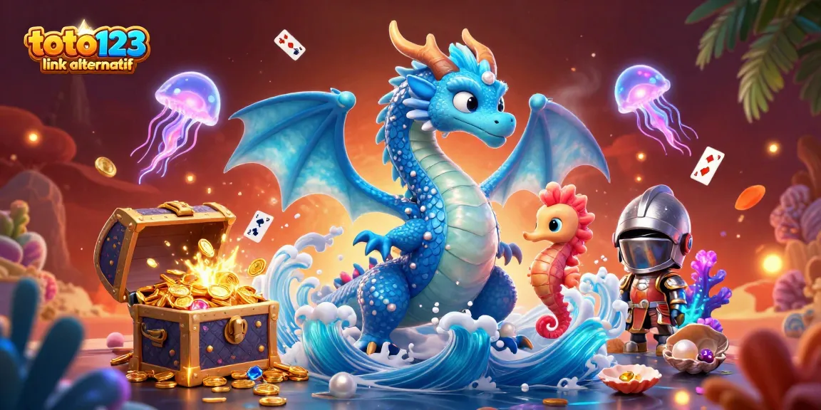 Toto123 link alternatif showcases a vibrant 3D casino illustration featuring a majestic dragon amidst underwater treasures.