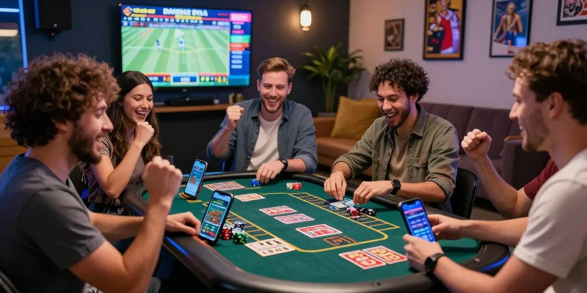 Friends enjoying a lively Bandar Bola betting experience at a modern gaming table, showcasing excitement and technology.